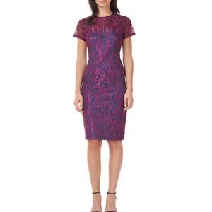 JS Collections Short Sleeve Blue Pink Overlay Metallic Sheath Cocktail Dress